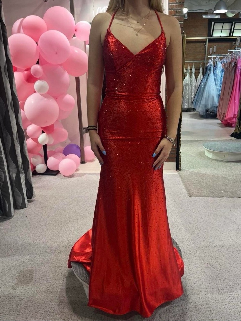 Red Sequin Halter Prom Dress